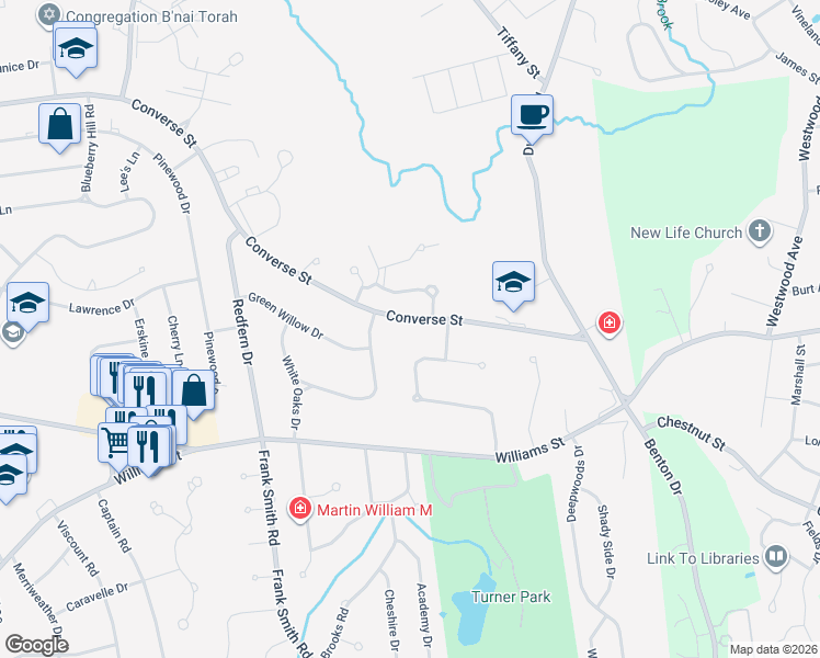 map of restaurants, bars, coffee shops, grocery stores, and more near 1031 Converse Street in Longmeadow