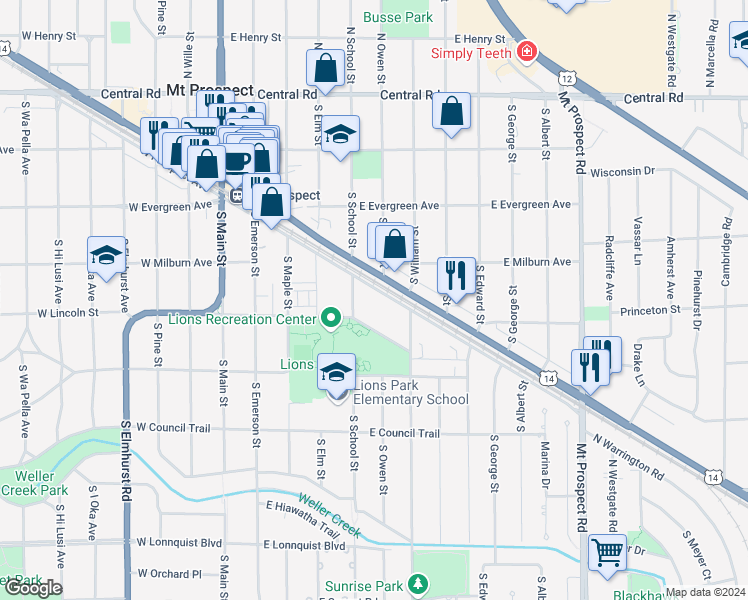 map of restaurants, bars, coffee shops, grocery stores, and more near 415 East Prospect Avenue in Mount Prospect