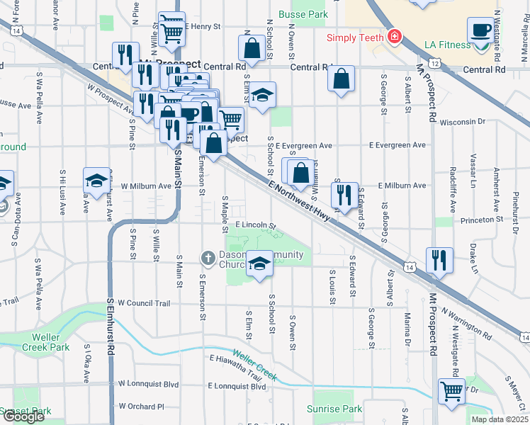map of restaurants, bars, coffee shops, grocery stores, and more near 320 South School Street in Mount Prospect