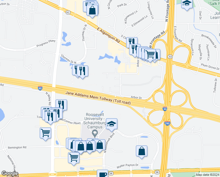 map of restaurants, bars, coffee shops, grocery stores, and more near 1711 Arbor Square in Schaumburg