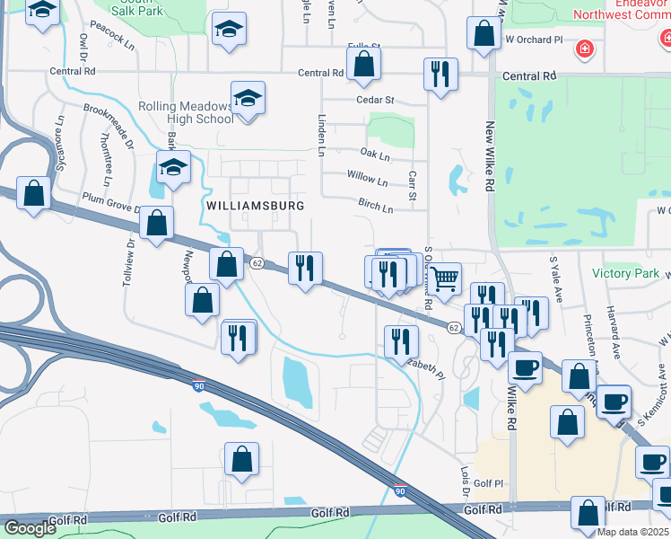 map of restaurants, bars, coffee shops, grocery stores, and more near 2402 West Algonquin Road in Rolling Meadows