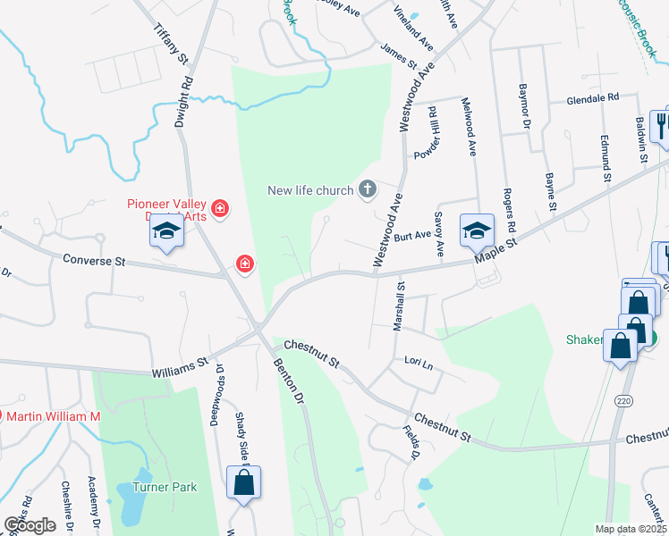 map of restaurants, bars, coffee shops, grocery stores, and more near 281 Maple Street in East Longmeadow