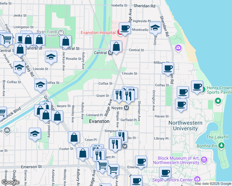 map of restaurants, bars, coffee shops, grocery stores, and more near 2318 Ridge Avenue in Evanston
