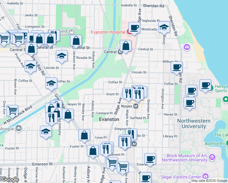map of restaurants, bars, coffee shops, grocery stores, and more near 1113 Grant Street in Evanston