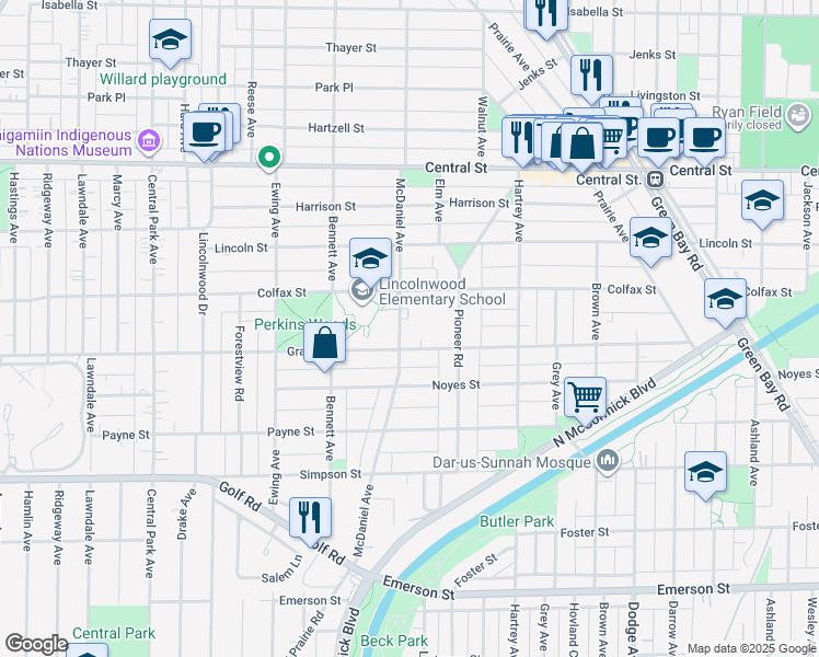map of restaurants, bars, coffee shops, grocery stores, and more near 2323 Mcdaniel Avenue in Evanston