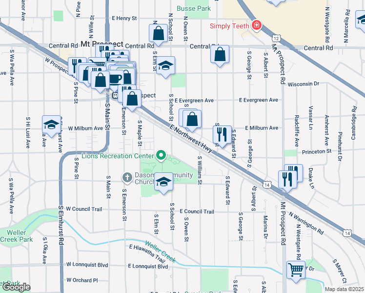 map of restaurants, bars, coffee shops, grocery stores, and more near 415 East Prospect Avenue in Mount Prospect