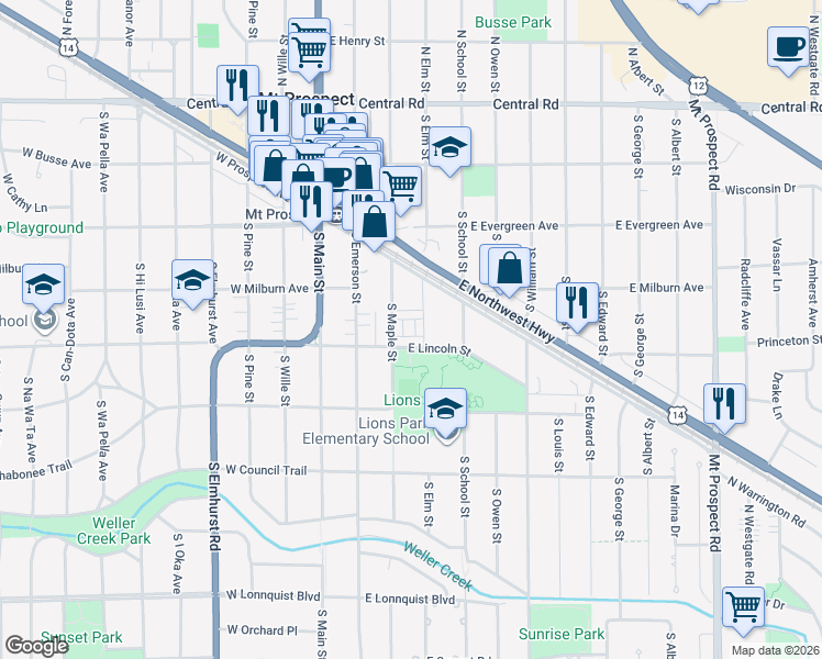 map of restaurants, bars, coffee shops, grocery stores, and more near 307 South Elm Street in Mount Prospect