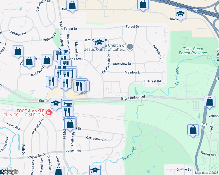 map of restaurants, bars, coffee shops, grocery stores, and more near 1071 Todd Farm Drive in Elgin