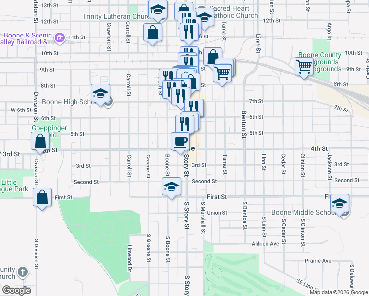 map of restaurants, bars, coffee shops, grocery stores, and more near in Boone