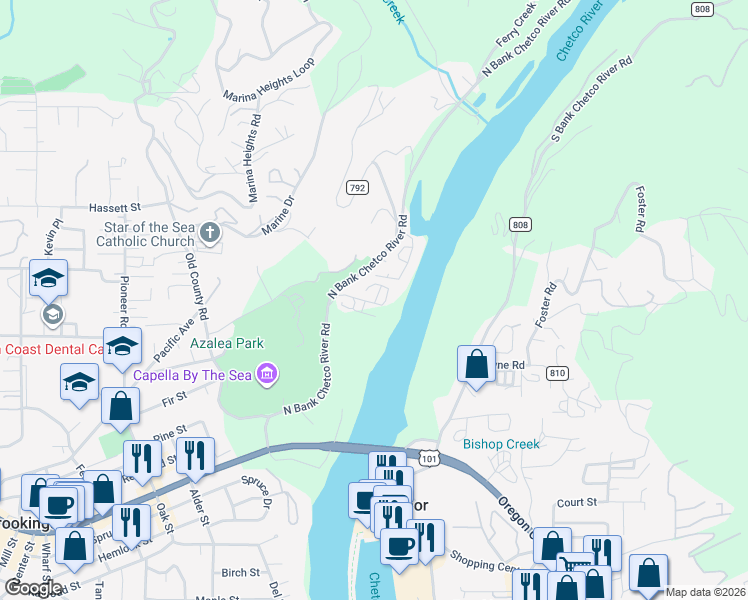 map of restaurants, bars, coffee shops, grocery stores, and more near 97668 North Bank Chetco River Road in Brookings