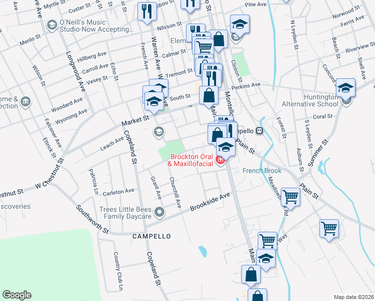map of restaurants, bars, coffee shops, grocery stores, and more near 1272 Warren Avenue in Brockton