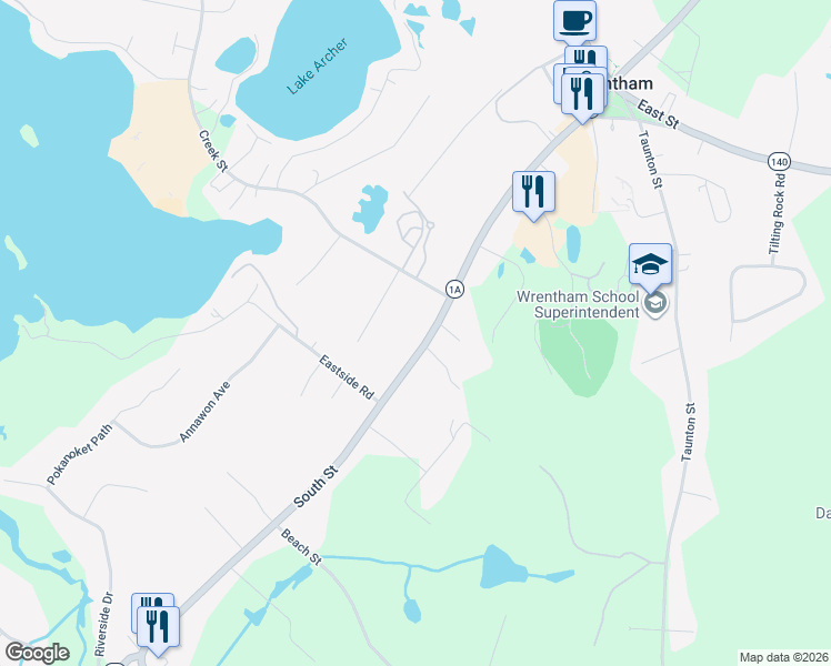 map of restaurants, bars, coffee shops, grocery stores, and more near 300 South Street in Wrentham