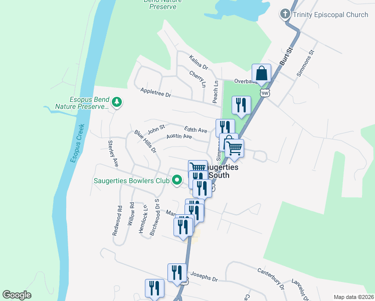 map of restaurants, bars, coffee shops, grocery stores, and more near 10 Louis Avenue in Saugerties