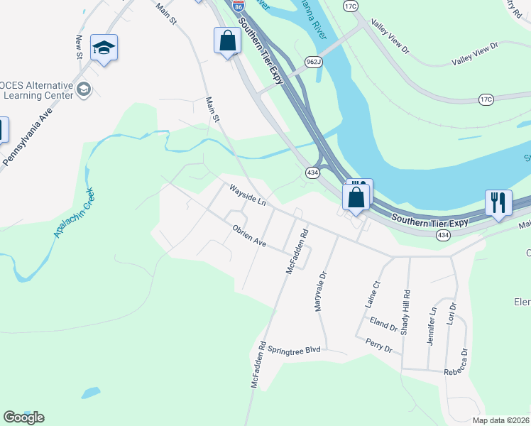 map of restaurants, bars, coffee shops, grocery stores, and more near 1 Wayside Lane in Apalachin