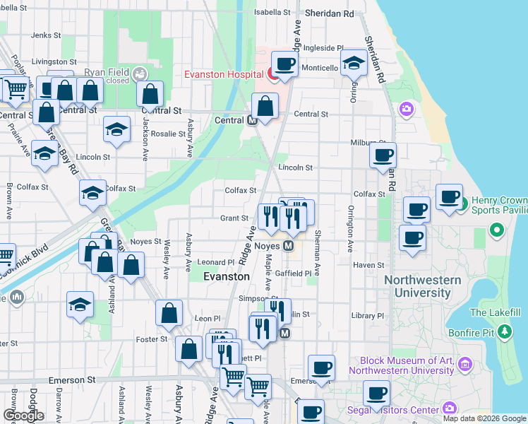 map of restaurants, bars, coffee shops, grocery stores, and more near 2318 Ridge Avenue in Evanston