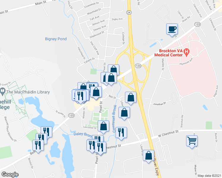 map of restaurants, bars, coffee shops, grocery stores, and more near 19 Shields Avenue in Brockton
