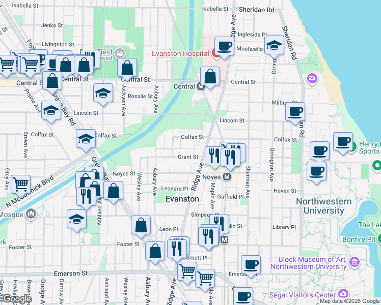 map of restaurants, bars, coffee shops, grocery stores, and more near 1113 Grant Street in Evanston