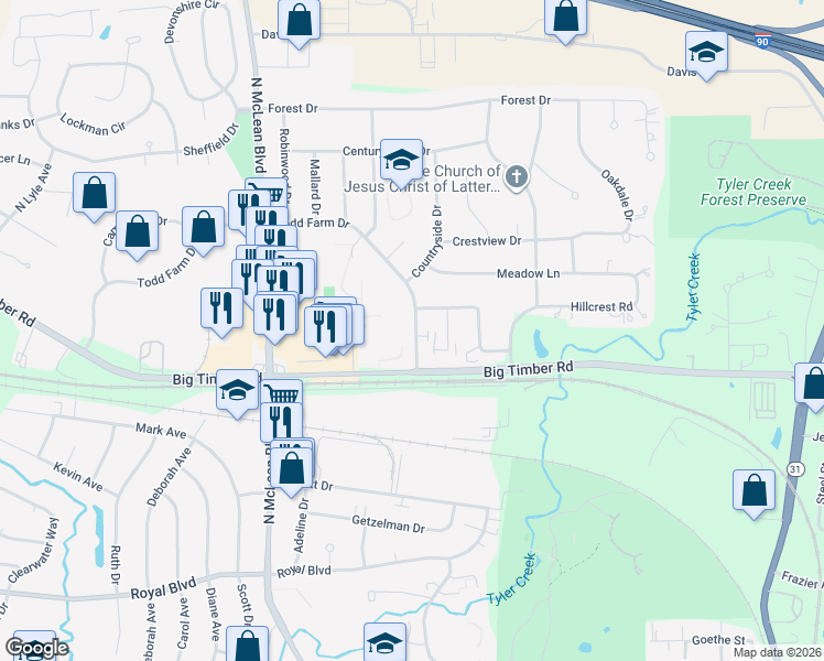 map of restaurants, bars, coffee shops, grocery stores, and more near 1071 Todd Farm Drive in Elgin