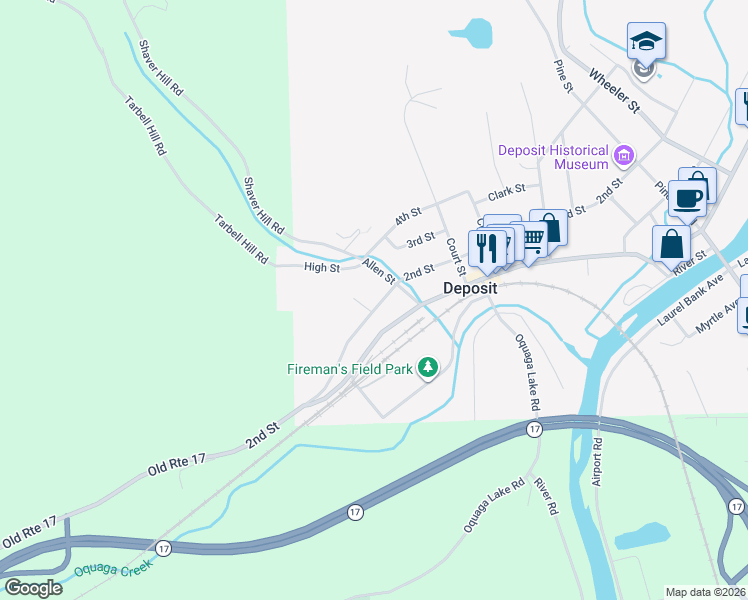map of restaurants, bars, coffee shops, grocery stores, and more near 10 Post Street in Deposit