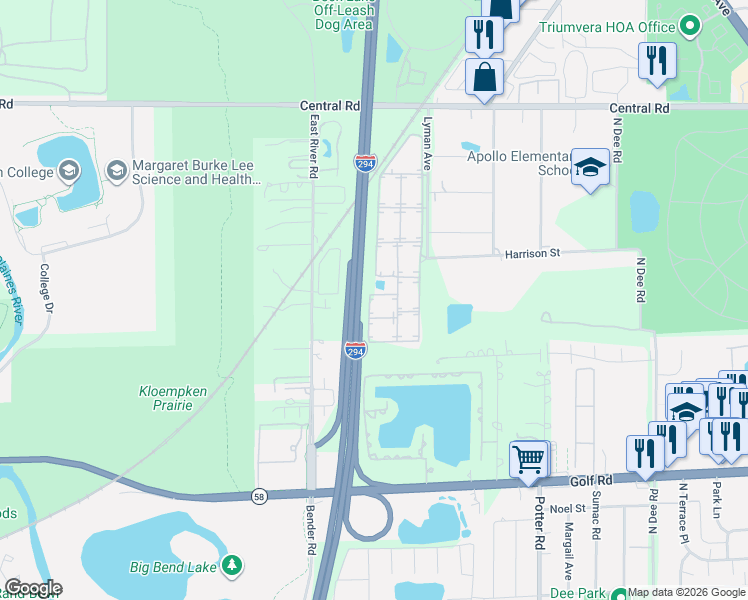 map of restaurants, bars, coffee shops, grocery stores, and more near 9991 Linda Lane in Des Plaines