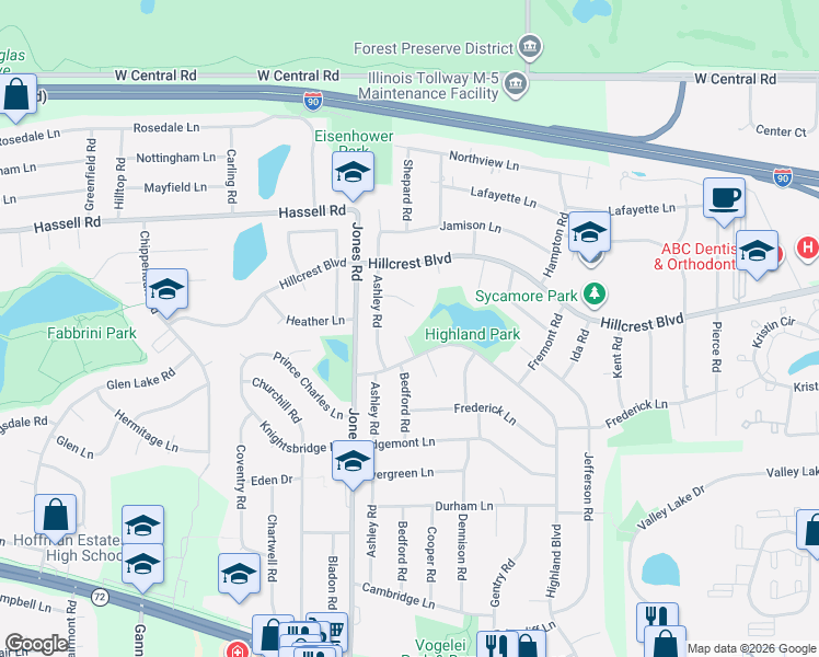 map of restaurants, bars, coffee shops, grocery stores, and more near 705 Ashley Court in Hoffman Estates