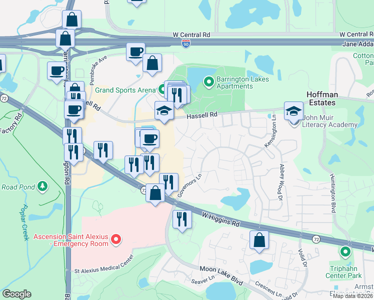map of restaurants, bars, coffee shops, grocery stores, and more near 2204 Harwinton Place in Hoffman Estates