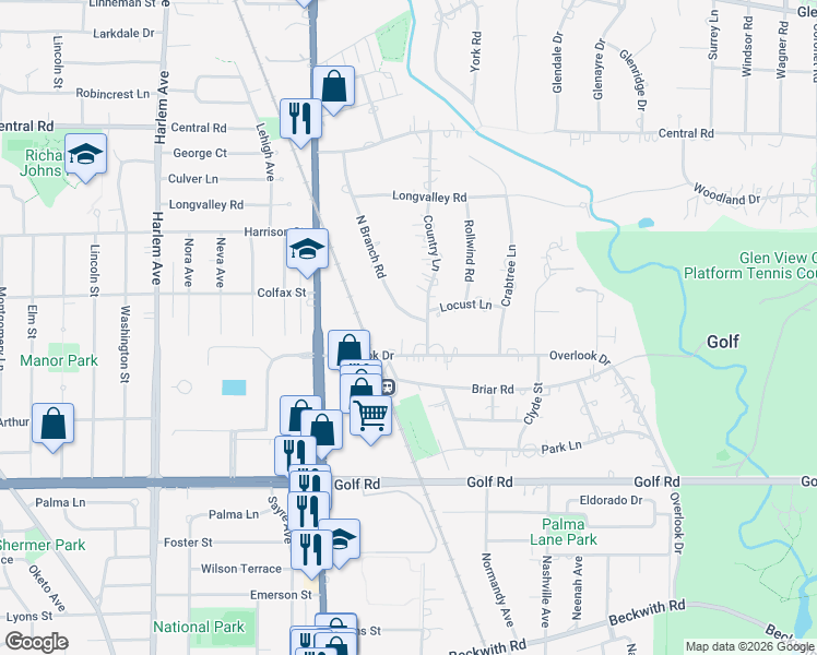 map of restaurants, bars, coffee shops, grocery stores, and more near 240 North Branch Road in Glenview