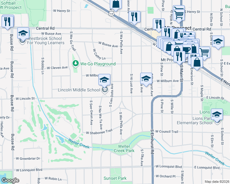 map of restaurants, bars, coffee shops, grocery stores, and more near 311 South Can-Dota Avenue in Mount Prospect