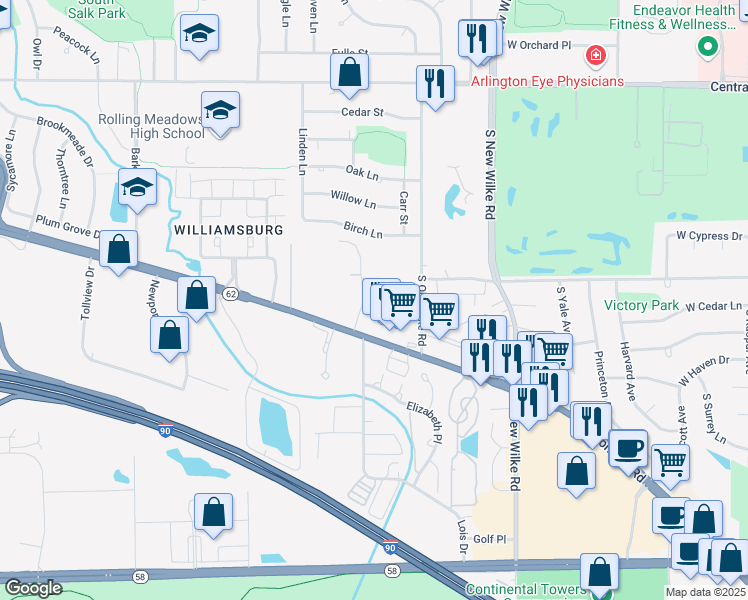 map of restaurants, bars, coffee shops, grocery stores, and more near 2272 Algonquin Parkway in Rolling Meadows
