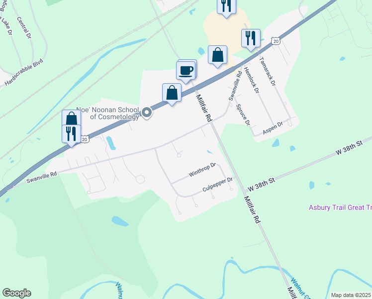 map of restaurants, bars, coffee shops, grocery stores, and more near 5657 Swanville Road in Erie
