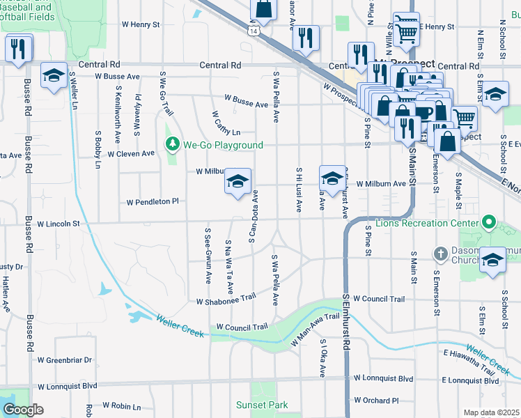 map of restaurants, bars, coffee shops, grocery stores, and more near 315 South Can-Dota Avenue in Mount Prospect