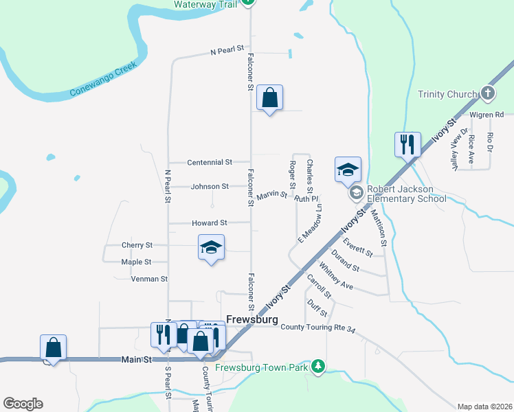 map of restaurants, bars, coffee shops, grocery stores, and more near 84 Falconer Street in Frewsburg