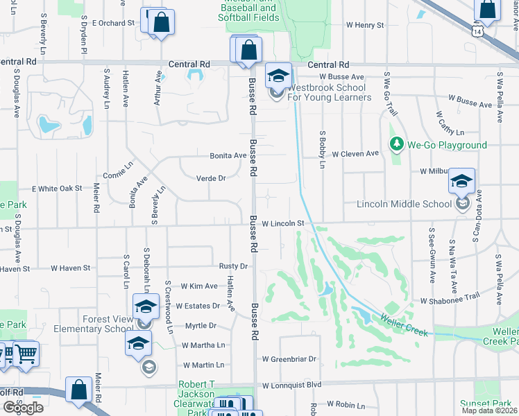 map of restaurants, bars, coffee shops, grocery stores, and more near 201 Busse Road in Mount Prospect