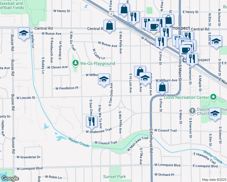 map of restaurants, bars, coffee shops, grocery stores, and more near 315 South Can-Dota Avenue in Mount Prospect