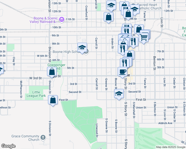 map of restaurants, bars, coffee shops, grocery stores, and more near 409 Carroll Street in Boone