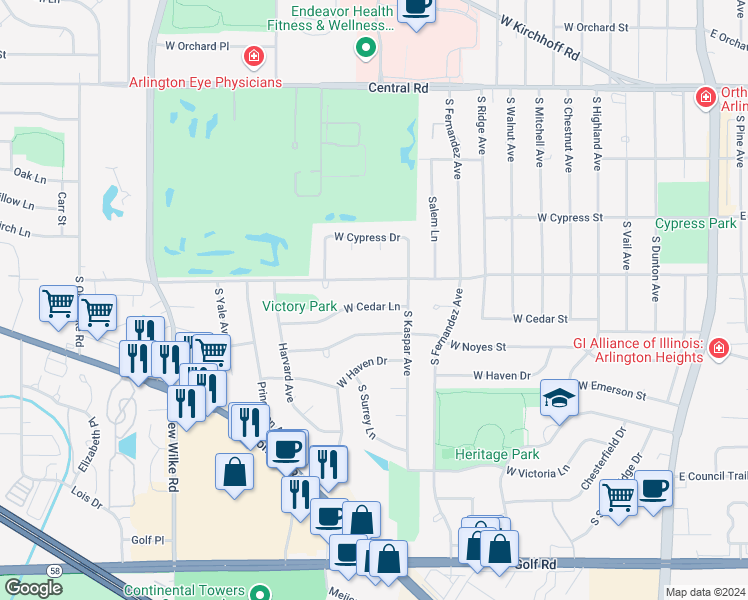 map of restaurants, bars, coffee shops, grocery stores, and more near 1002 West Cedar Lane in Arlington Heights