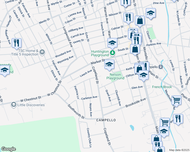 map of restaurants, bars, coffee shops, grocery stores, and more near 46 Copeland Street in Brockton