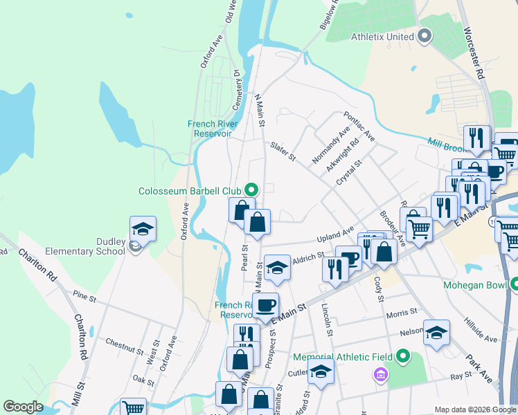 map of restaurants, bars, coffee shops, grocery stores, and more near 135 North Main Street in Webster