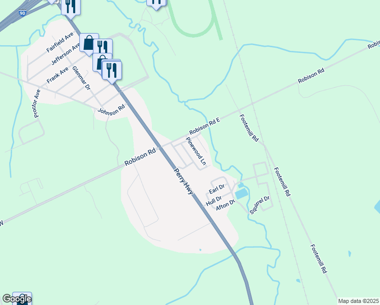 map of restaurants, bars, coffee shops, grocery stores, and more near 2-98 Pinewood Lane in Erie