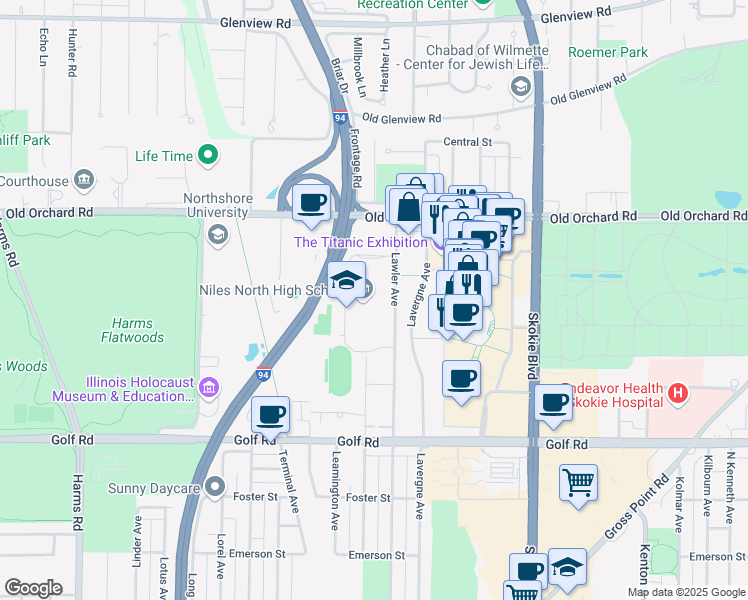 map of restaurants, bars, coffee shops, grocery stores, and more near 9800 Lawler Ave in Skokie