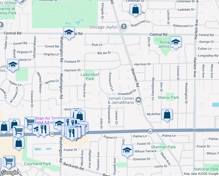 map of restaurants, bars, coffee shops, grocery stores, and more near 230 Fernwood Lane in Glenview