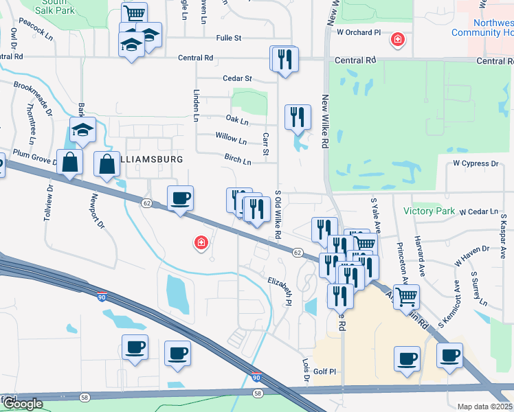 map of restaurants, bars, coffee shops, grocery stores, and more near 2299 Algonquin Pkwy in Rolling Meadows