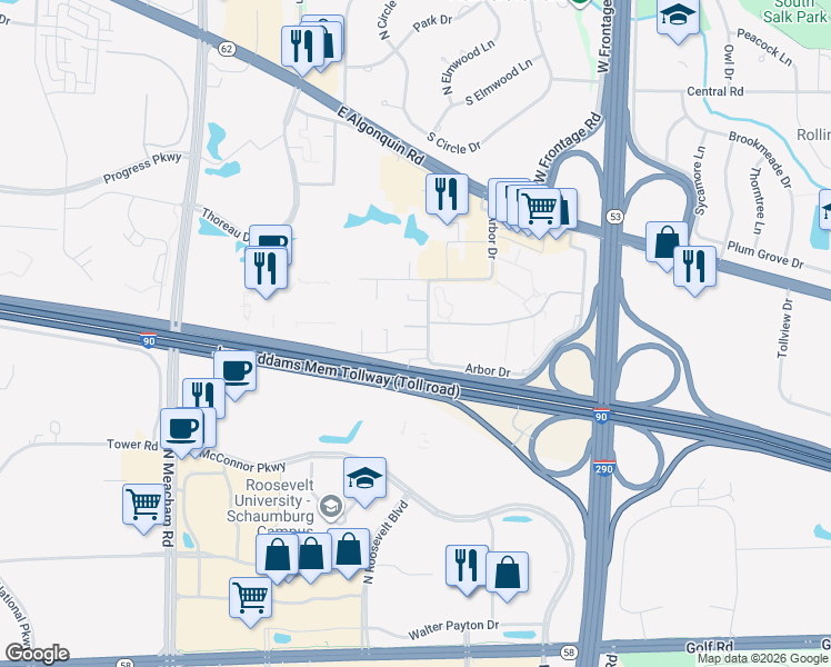 map of restaurants, bars, coffee shops, grocery stores, and more near 4714 Arbor Drive in Rolling Meadows