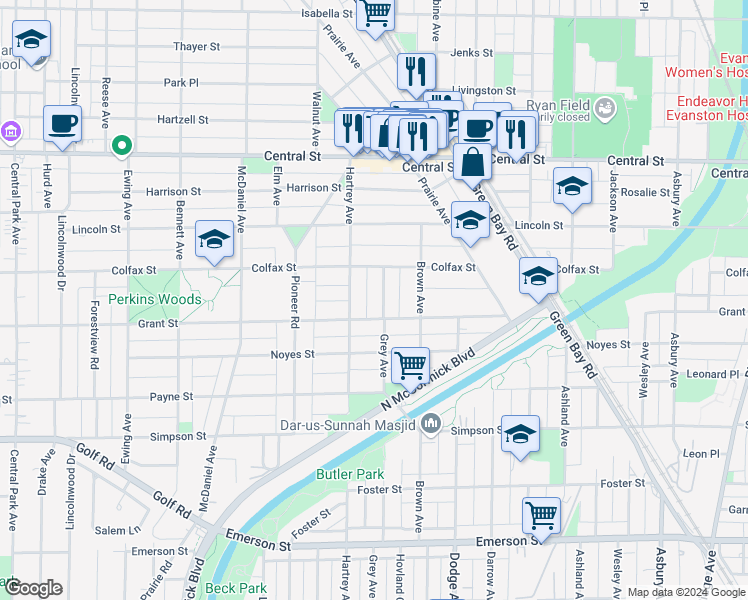 map of restaurants, bars, coffee shops, grocery stores, and more near 2316 Grey Avenue in Evanston