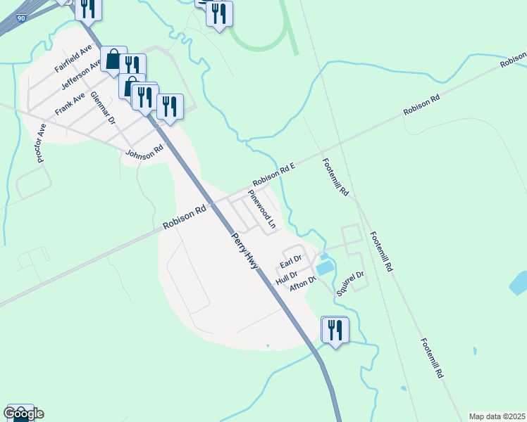 map of restaurants, bars, coffee shops, grocery stores, and more near 98 Pinewood Lane in Erie