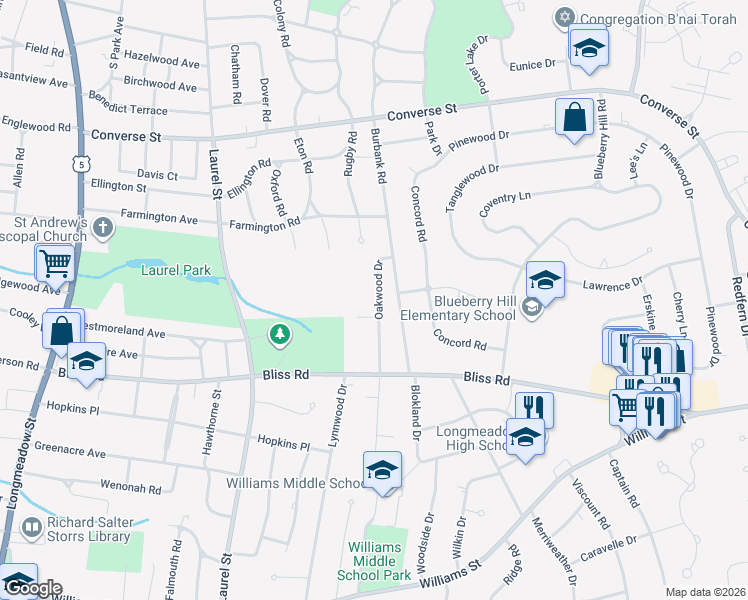 map of restaurants, bars, coffee shops, grocery stores, and more near 86 Oakwood Drive in Longmeadow