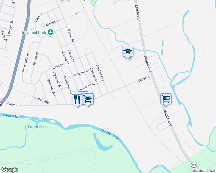 map of restaurants, bars, coffee shops, grocery stores, and more near 1263 Oakdale Ave in Elmira