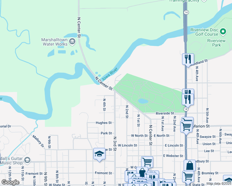map of restaurants, bars, coffee shops, grocery stores, and more near 898 N Center St in Marshalltown