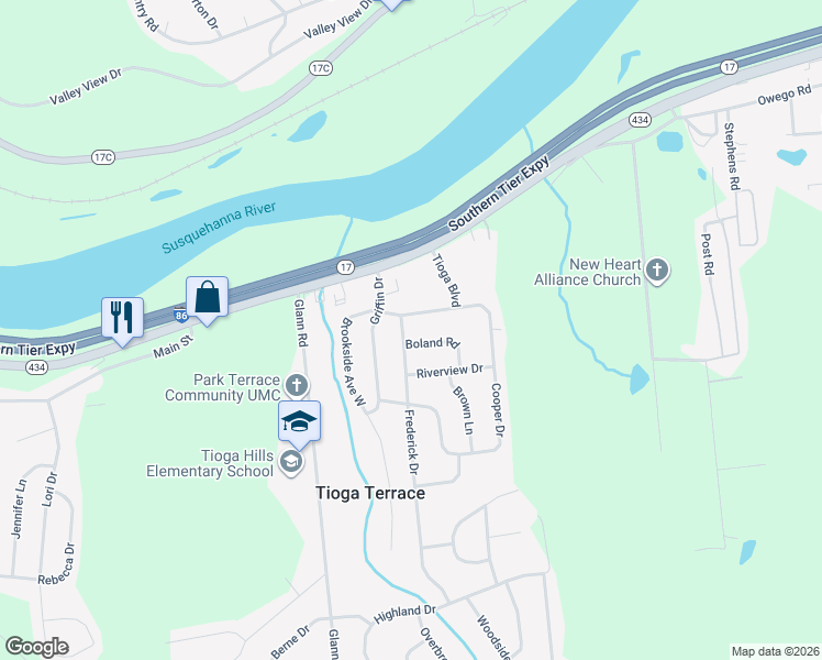 map of restaurants, bars, coffee shops, grocery stores, and more near 3 Frederick Dr in Apalachin