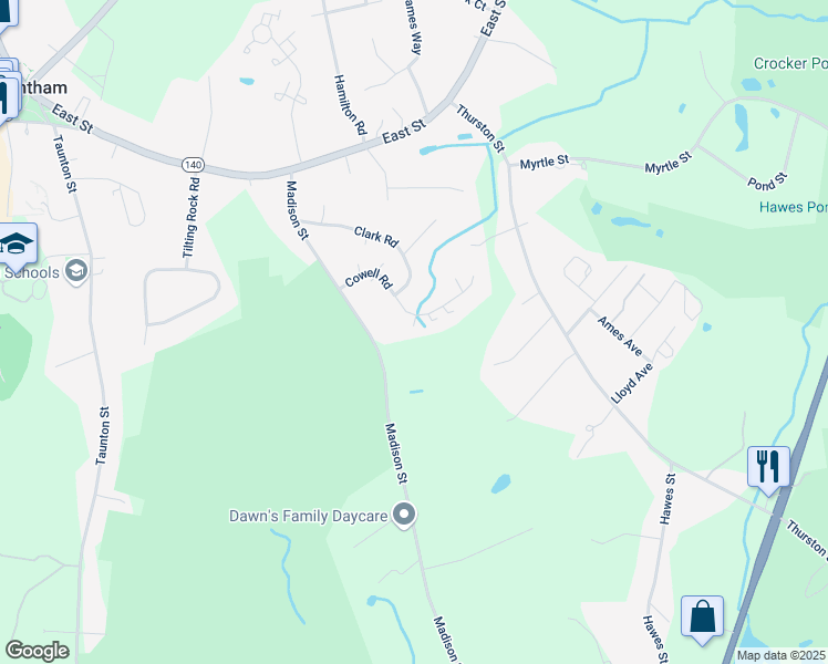 map of restaurants, bars, coffee shops, grocery stores, and more near 190 Cowell Road in Wrentham